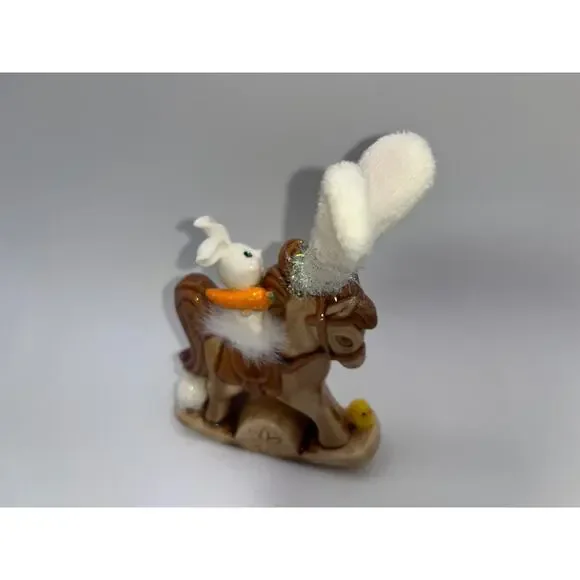 Vintage Ceramic Mini Rocking Horse Easter Bunny Chick Rider Faux Fur saddle OOAK - Picture 7 of 16
